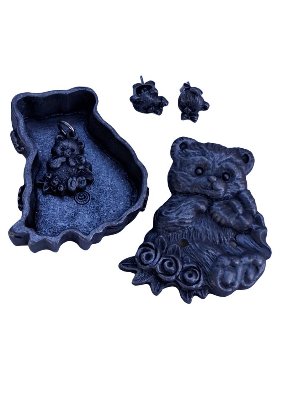 Vintage Torino Pewter Teddy Bear Trinket Box Brooch Pendant Earrings Multi Set